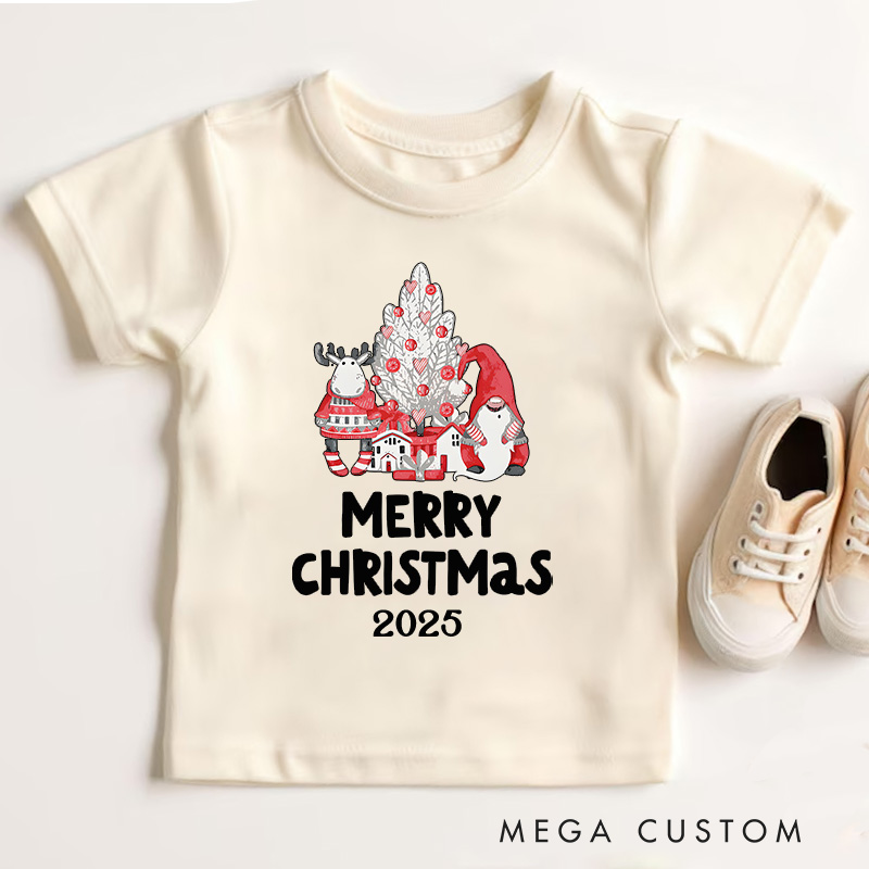 Personalized Santa with Merry Christmas Text and Snowflakes Christmas Kids T-Shirt