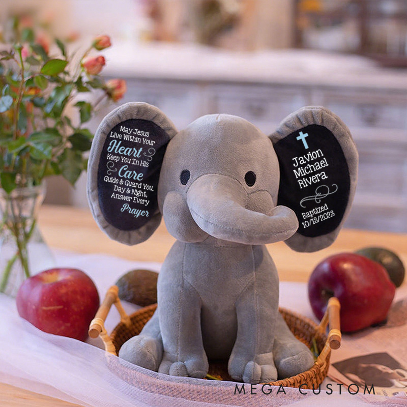 Personalized May Jesus Live within Your Heart Stuffed Elephant Plush Toys with Name and Text Religious Gift Baptism Gift for Kids