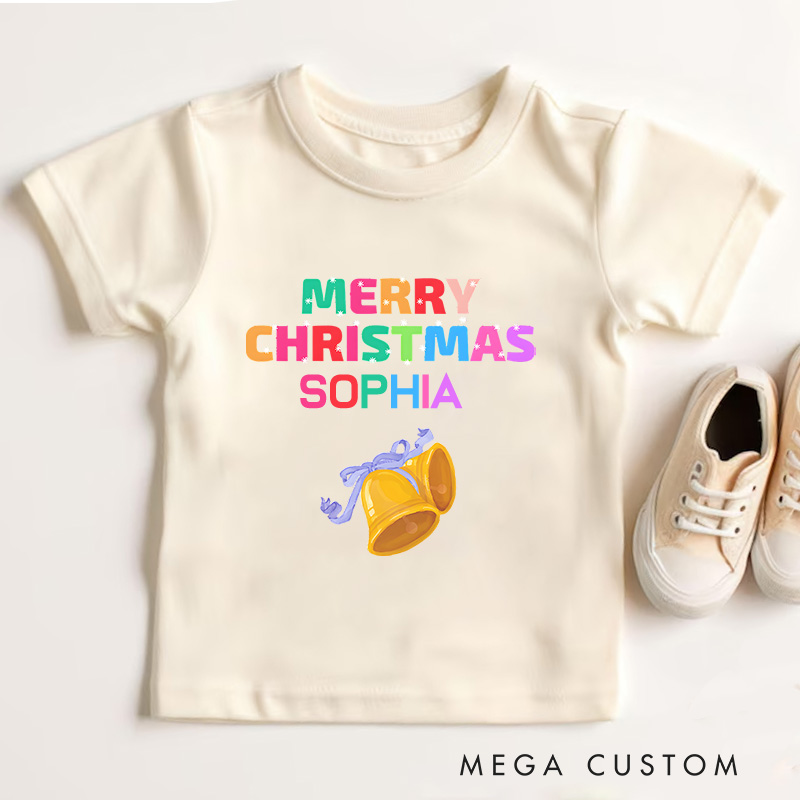 Personalized Merry Christmas with Colorful Bells and Lights Christmas Kids T-Shirt