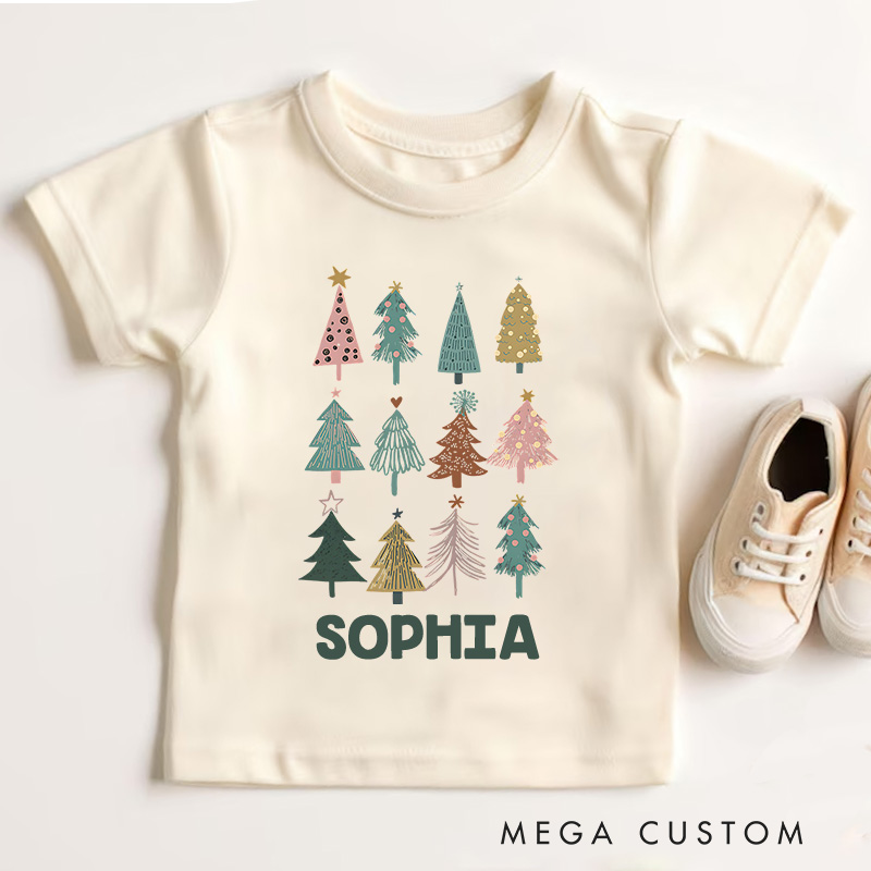 Personalized Patchwork Christmas Trees with Rustic Style Christmas Kids T-Shirt