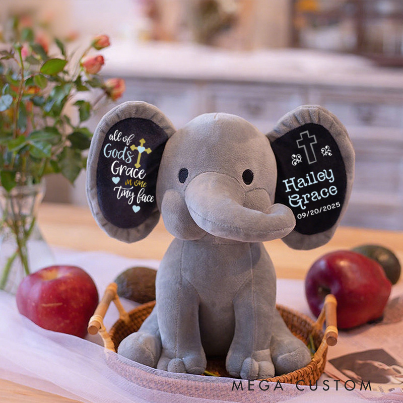 Personalized Cross God’s Grace Stuffed Elephant Plush Toys with Name and Date Religious Gift Birthday Gift for Kids