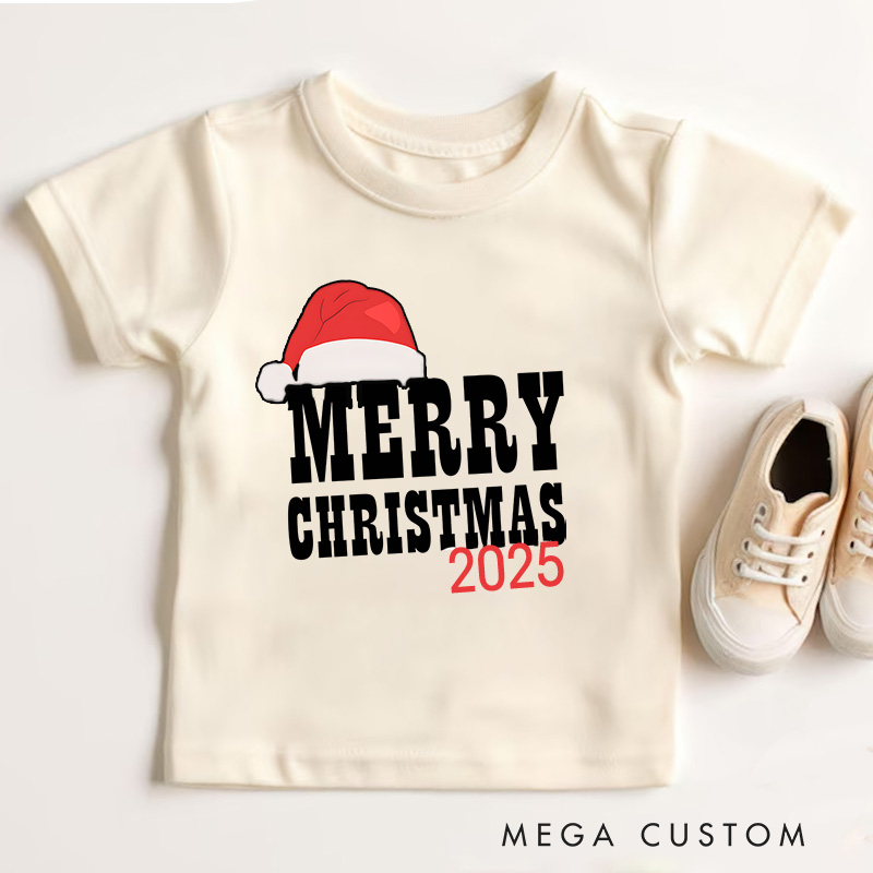 Personalized Merry Christmas with Santa Hat and Bold Text Christmas Kids T-Shirt