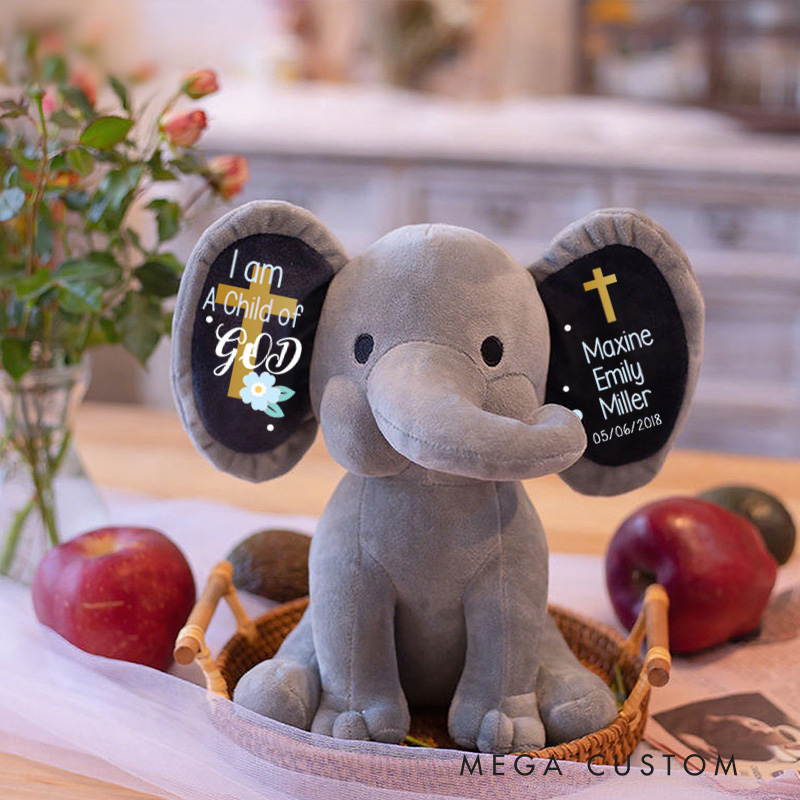 Personalized i am a Child of God Stuffed Elephant Plush Toys with Name and Date Religious Gift Birthday Gift 
