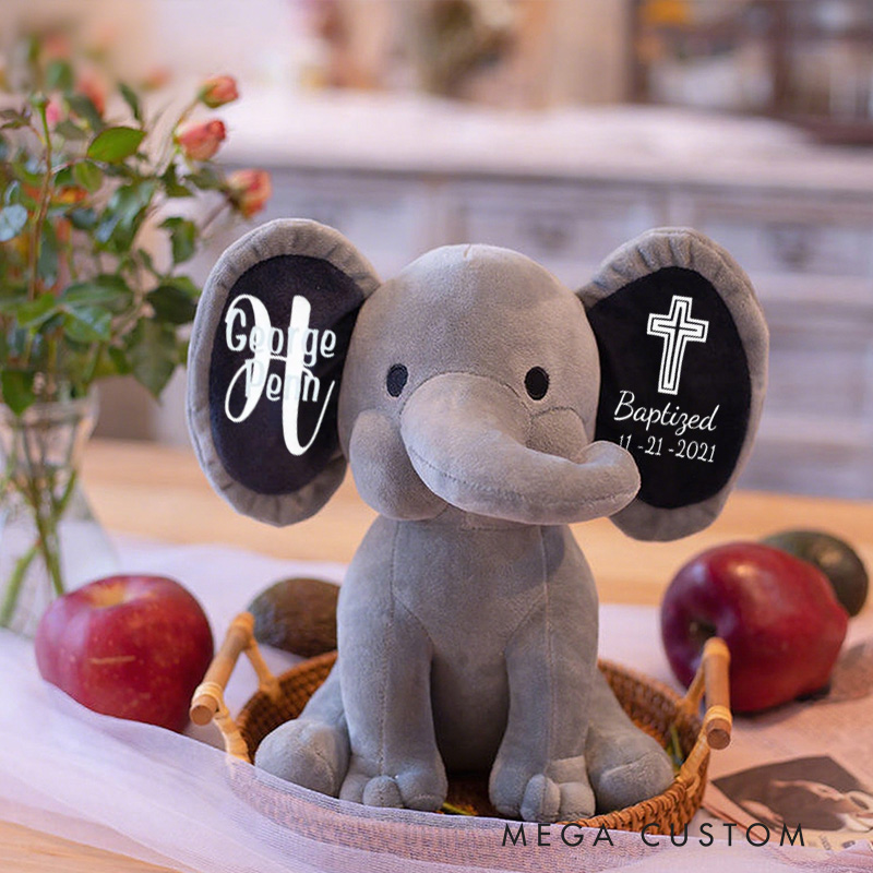 Personalized Cross Stuffed Elephant Plush Toys with Name and Text Religious Gift Baptism Gift 