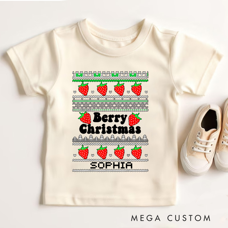 Personalized Berry Christmas with Festive Fruit and Patterns Christmas Kids T-Shirt
