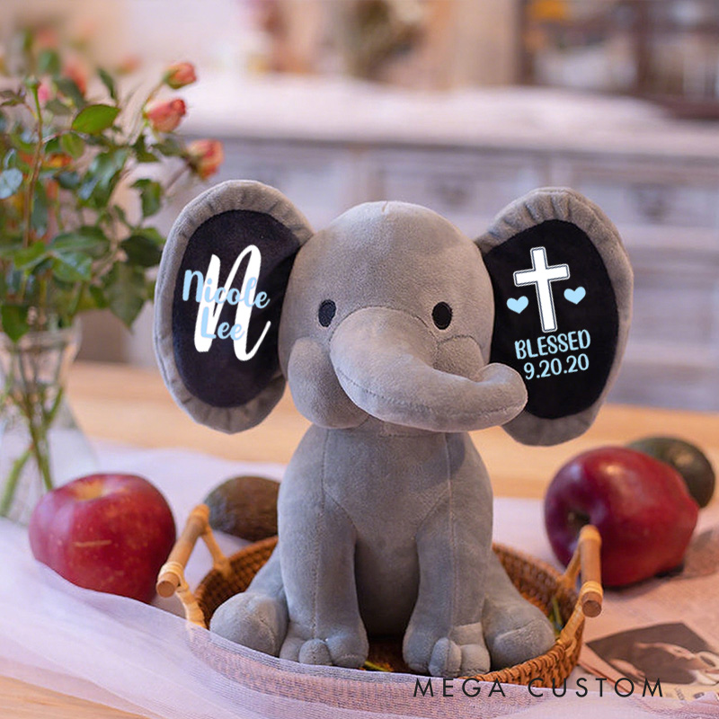 Personalized Blessed Stuffed Elephant Plush Toys with Name and Date Religious Gift Birthday Gift for Kids