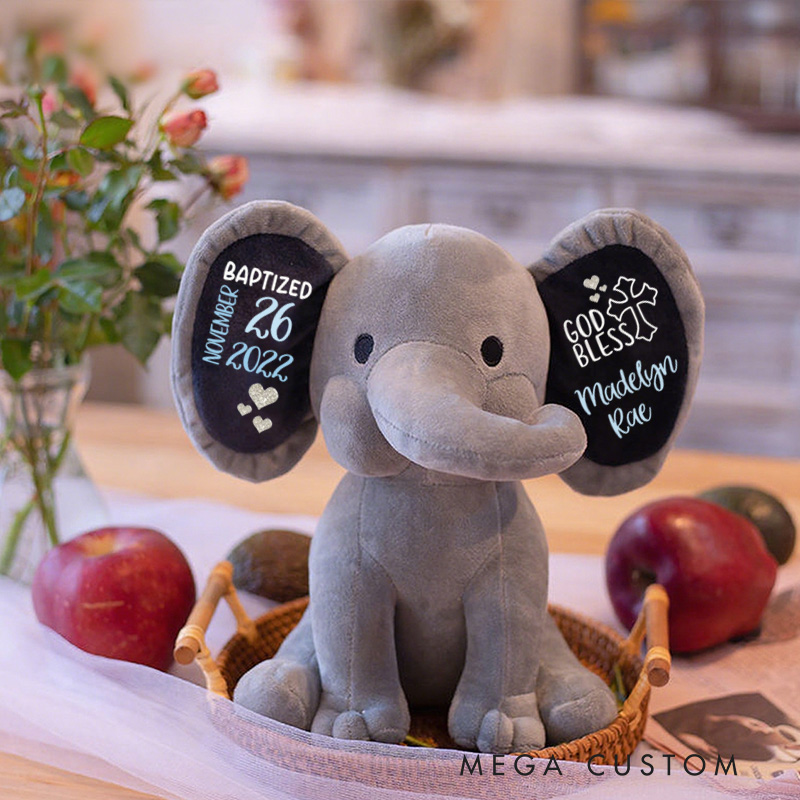 Personalized God Bless Stuffed Elephant Plush Toys with Name and Text Religious Gift Baptism Gift 
