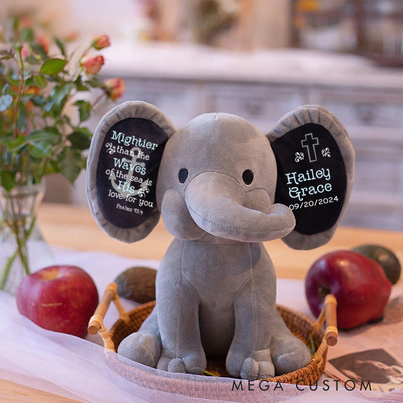 Personalized Bible Verse Stuffed Elephant Plush Toys with Name and Date Religious Gift Birthday Gift for Kids