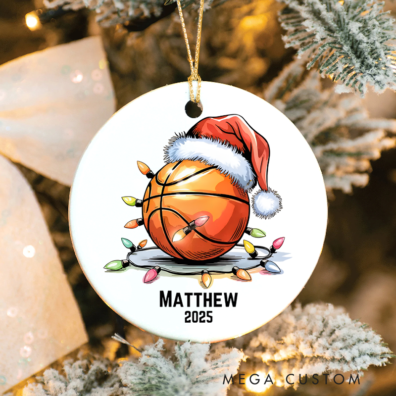Personalized Basketball Christmas Ornament with Santa Hat and Custom Name and Year