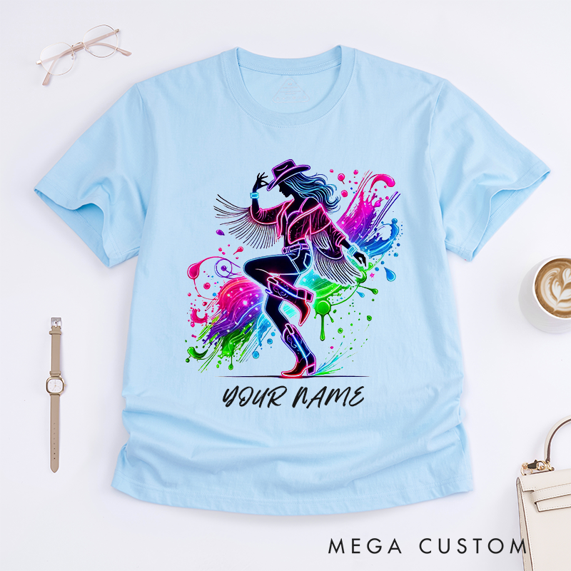 Personalized Neon Country Cowgirl Dance T-Shirts Custom Name Western Fringe Boots Gift Colorful Splash Art Unique Outfit for Women Friends