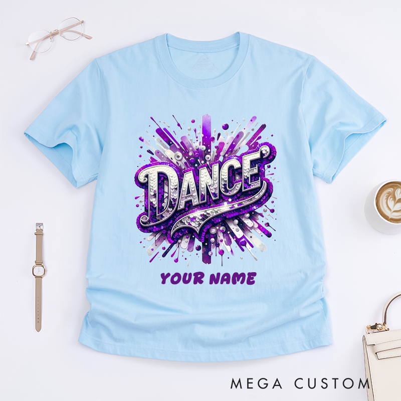 Personalized Dance T-Shirts Design Sequin Glitter Blue Sparkle Custom Name Gift for Women Unique Fashionable Dance Top for Girls Present Dancewear