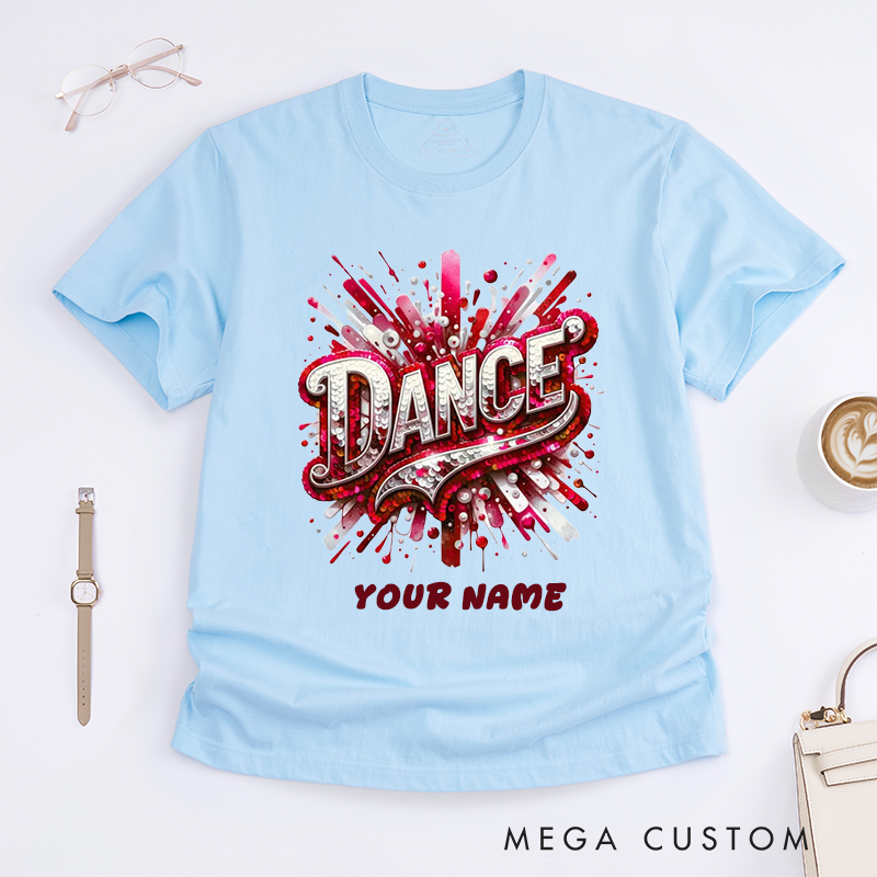 Personalized Dance T-Shirts Design Sequin Glitter Blue Sparkle Custom Name Gift for Women Unique Fashionable Dance Top for Girls Present Dancewear