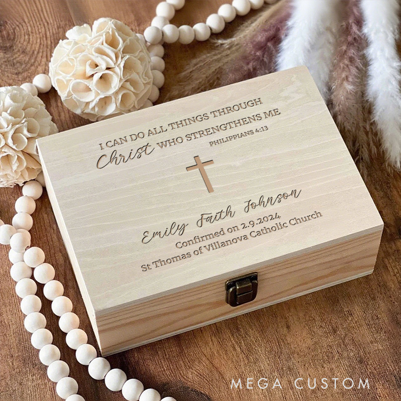 Personalized Philippians 4:13 Wooden Keepsake Box with Name and Location Religious Gift Confirmation Gift for Kids