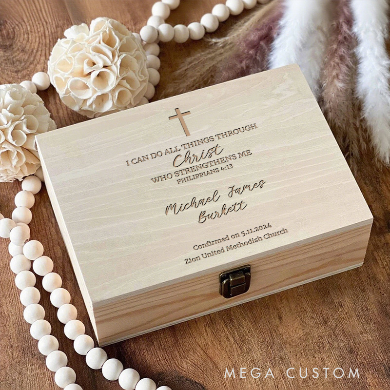 Personalized Bible Verse Wooden Keepsake Box with Name and Location Religious Gift Confirmation Gift for Kids