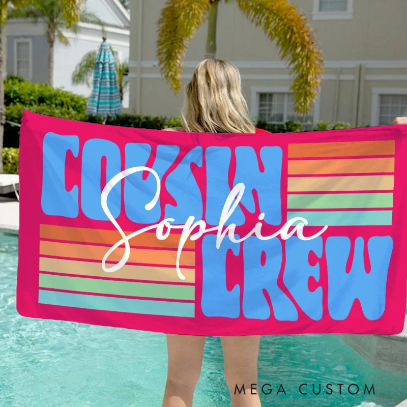 Personalized Cousin Crew Beach Towel with Name Vacation Gift for Traveling Lovers Multicolor Stripe Design Beach Towel for Kids