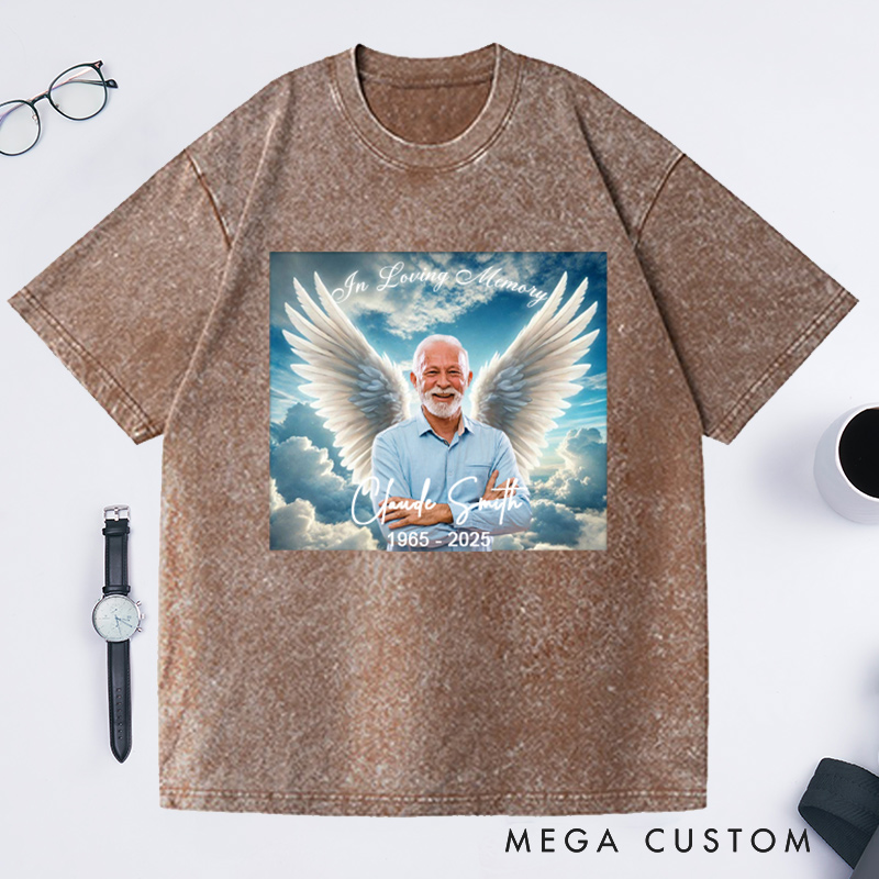 Personalized Memorial Washed T-Shirt Memorial Gift for Loss of Loved One In Loving Memory Gift Angel Wings Photo T-Shirt 