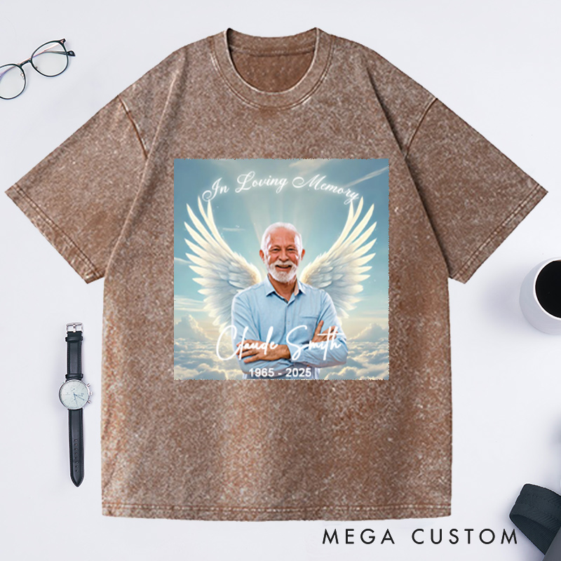 Personalized Memorial Photo Washed T-Shirt Memorial Gift for Loss of Grandfather Father and Loved One In Loving Memory Gift Angel Wings T-Shirt 