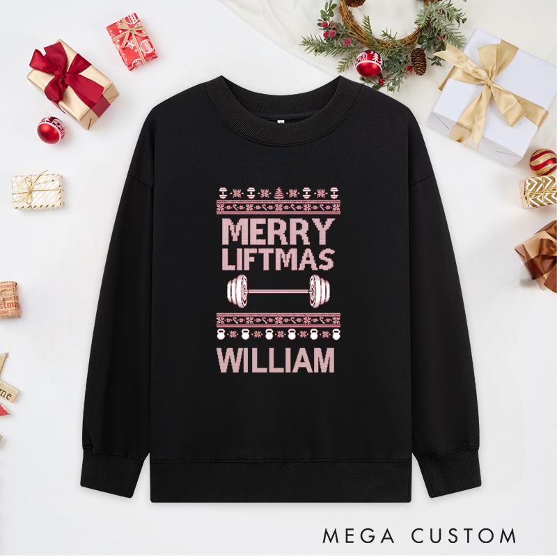 Personalized Christmas Classic Sweatshirts with Merry Liftma' Festive Barbell for Fitness Enthusiasts Bodybuilders and Gym Lovers