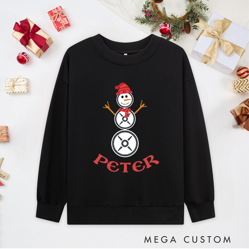Personalized Christmas Classic Sweatshirts with Weight Plate Snowman for Fitness Enthusiasts Bodybuilders and Gym Lovers