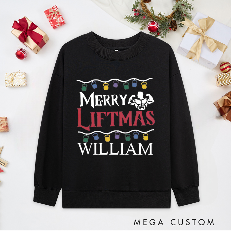 Personalized Christmas Classic Sweatshirts with Merry Liftmas Kettlebell Lights and Muscle for Fitness Enthusiasts Bodybuilders and Gym Lovers