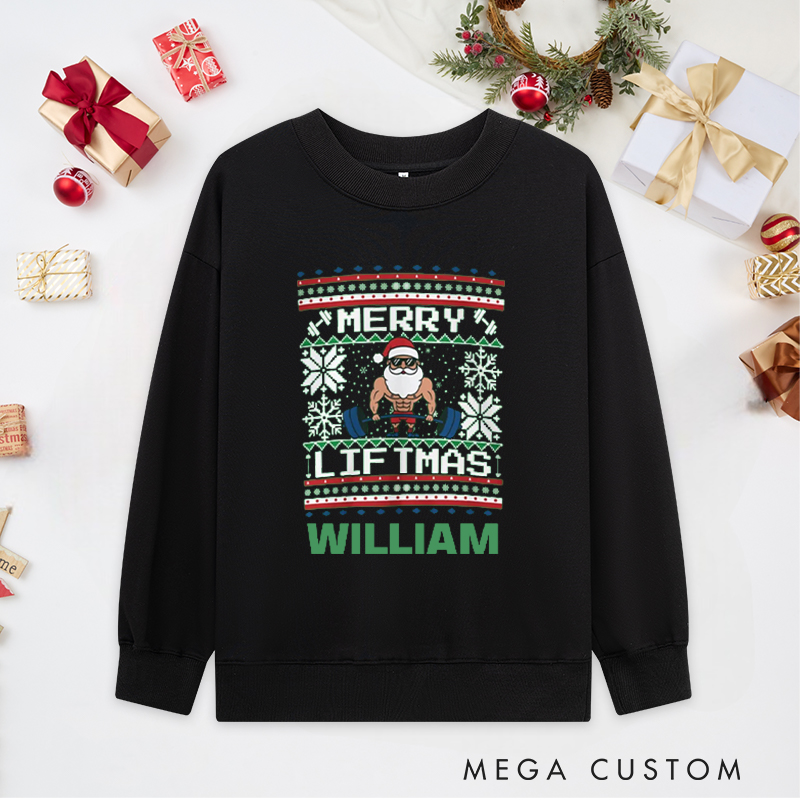 Personalized Christmas Classic Ugly Sweatshirts with Santa Lifting Weights for Fitness Enthusiasts Bodybuilders and Gym Lovers
