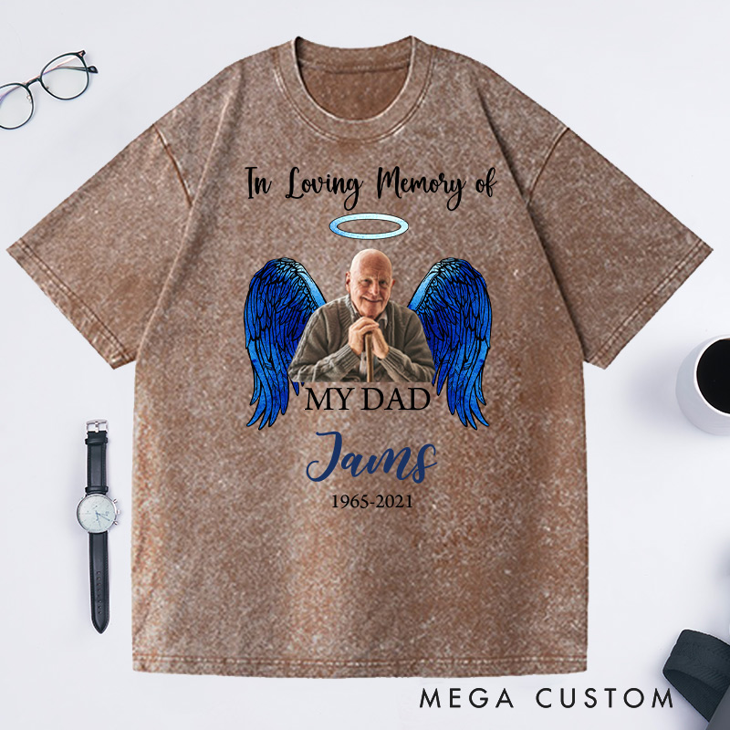 Personalized Memorial Photo Washed T-Shirt Memorial Gift for Loss of Grandfather In Loving Memory Gift Angel Wings T-Shirt 