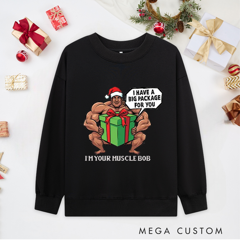 Personalized Christmas Classic Ugly Sweatshirts with Big Package Santa Bodybuilder for Fitness Enthusiasts Bodybuilders and Gym Lovers