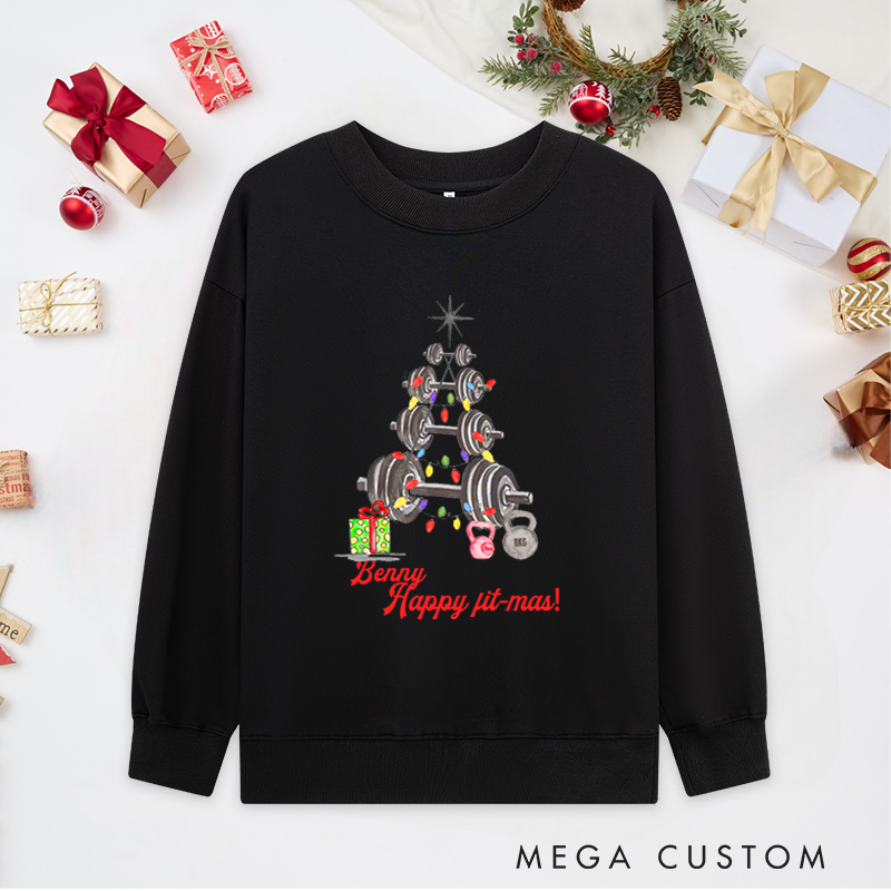 Personalized Christmas Classic Ugly Sweatshirts with Happy Fit Mas Barbell and Kettlebell Christmas Tree for Fitness Enthusiasts Bodybuilders and Gym Lovers