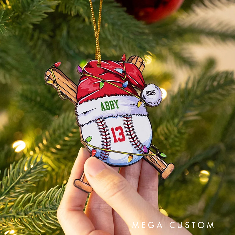 Personalized Acrylic Santa Hat Baseball Christmas Ornament with Name Number and Year 
