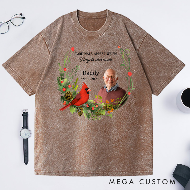 Personalized In Memory Memorial  Washed T-Shirt Custom Photo Name Year Cardinal Keepsake Gift