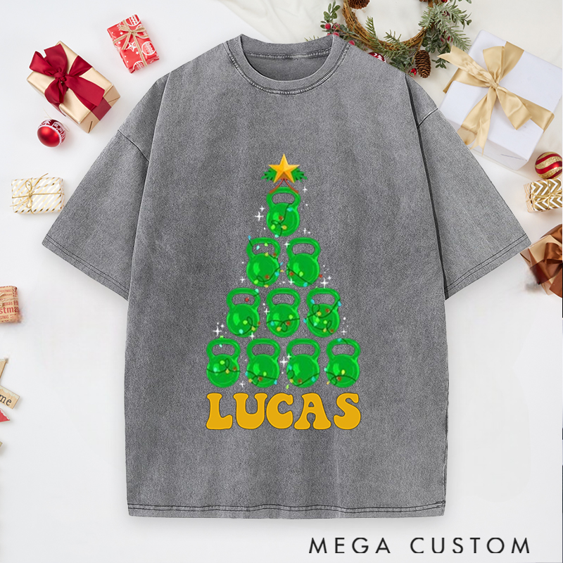 Personalized Gym Washed T-Shirts with Kettlebell Christmas Tree Fitness for Fitness Enthusiasts Bodybuilders and Gym Lovers