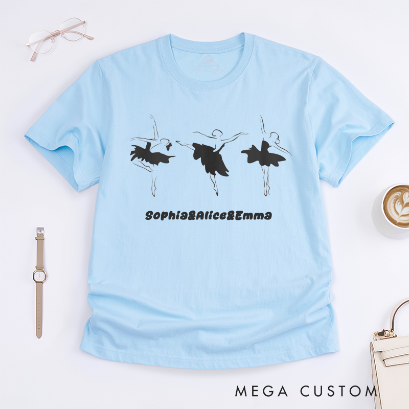 Personalized Ballet Dancer T-Shirts Women Custom Name Black Silhouette Ballet Skirt Elegant Dance Gift for Ballerina Present Dance Lover