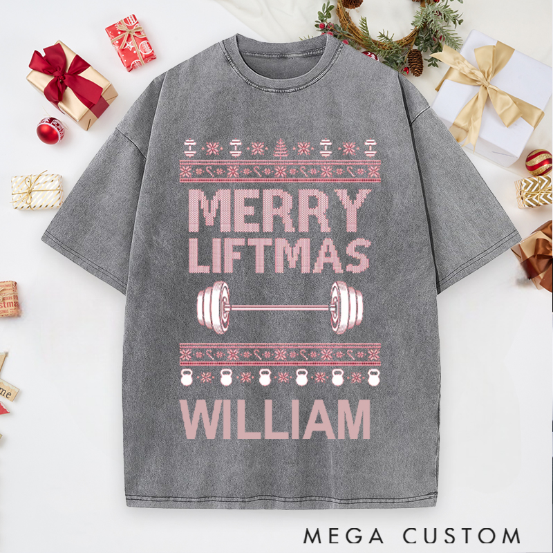 Personalized Gym Washed T-Shirts with Merry Liftmas Barbell and Kettlebell for Fitness Enthusiasts Bodybuilders and Gym Lovers