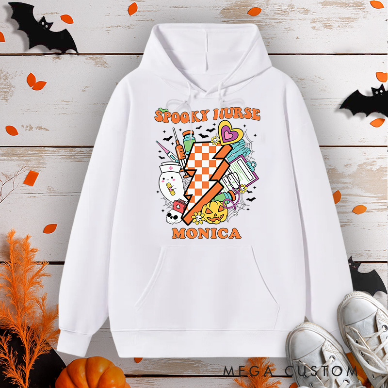 Personalized Hoodies for Nurse Customized Spooky Nurse Retro Collage Design Hoodies Halloween Nurse Hoodie