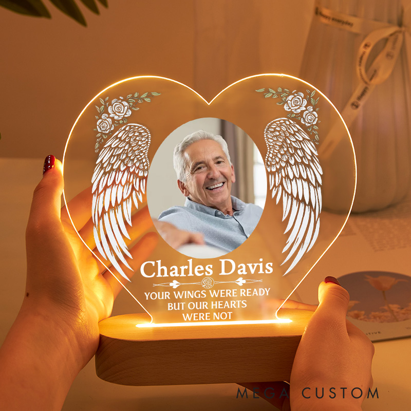 Personalized Heart Shaped LED Memorial Light Angel Wings Rose Custom Photo Name Sympathy Keepsake