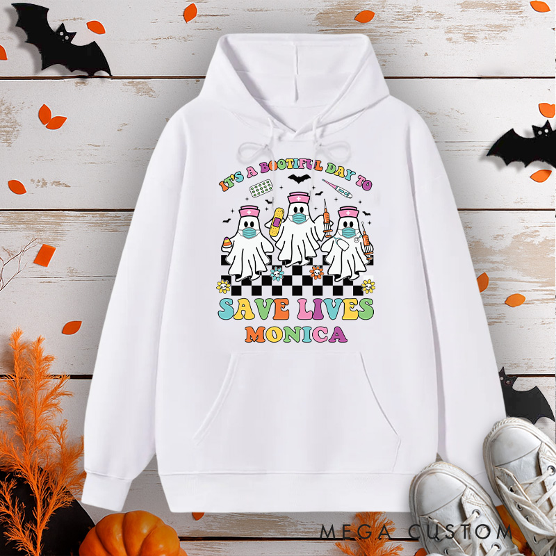 Personalized Hoodies for Nurse Customized It's a Boo-tiful Day to Save Lives Design Hoodies Halloween Nurse Hoodie