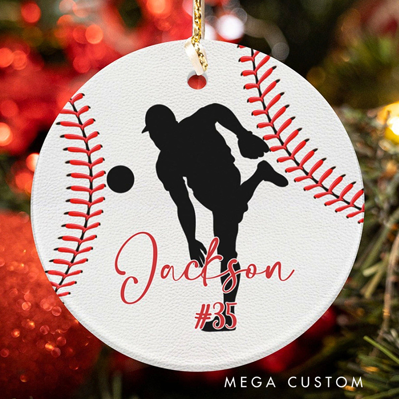 Personalized Baseball Ornament with Player Silhouette and Custom Name  