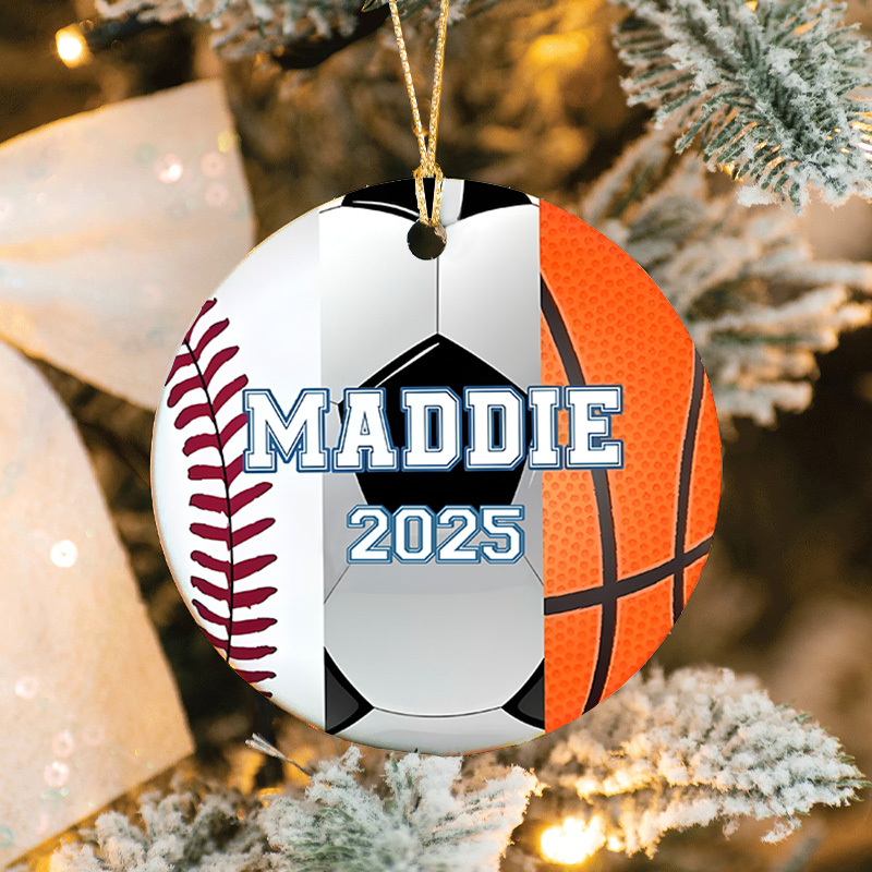 Personalized Baseball,Soccer and Basketball Design Ceramic Christmas Ornament with Custom Name and Year  