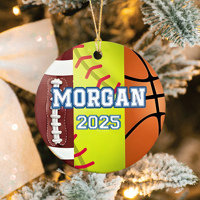 Personalized American Football,Softball and Basketball Design Ceramic Christmas Ornament with Custom Name and Year  