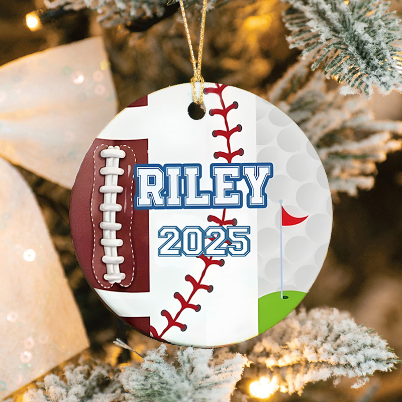 Personalized American Football,Baseball and Golf Design Ceramic Christmas Ornament with Custom Name and Year  