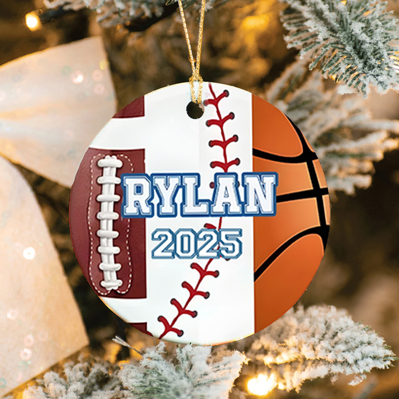 Personalized American,Basketball and Baseball Design Ceramic Christmas Ornament with Custom Name and Year  