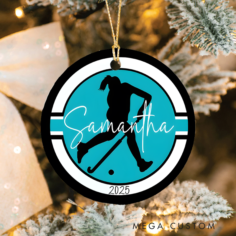 Personalized Field Hockey Christmas Ornament with Custom Name and Year Design