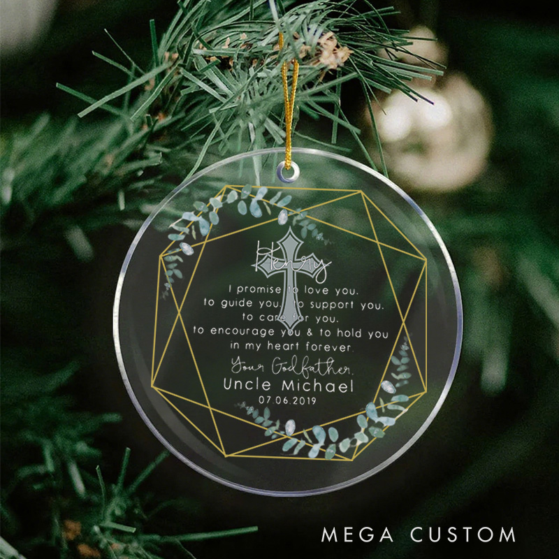 Personalized Geometric Frame Cross Acrylic Ornament with Name and Date Religious Gift Baptism Gift for Boys