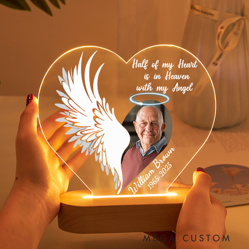 Personalized Heart Shaped LED Memorial Light Custom Photo Name Year Angel Wing Halo Half Of My Heart Keepsake