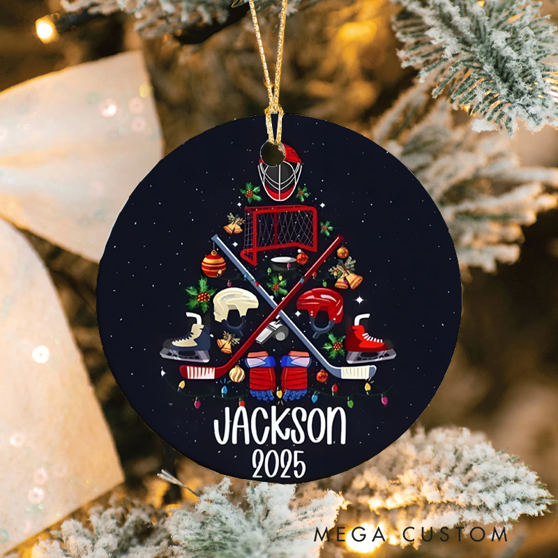 Personalized Hockey Christmas Ornament with Custom Name and Year Featuring Festive Tree Design