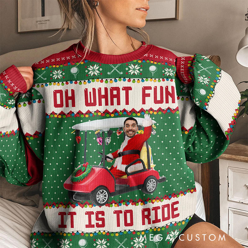 Personalized Christmas Ugly Sweater with Custom Face and Golf Cart Design 