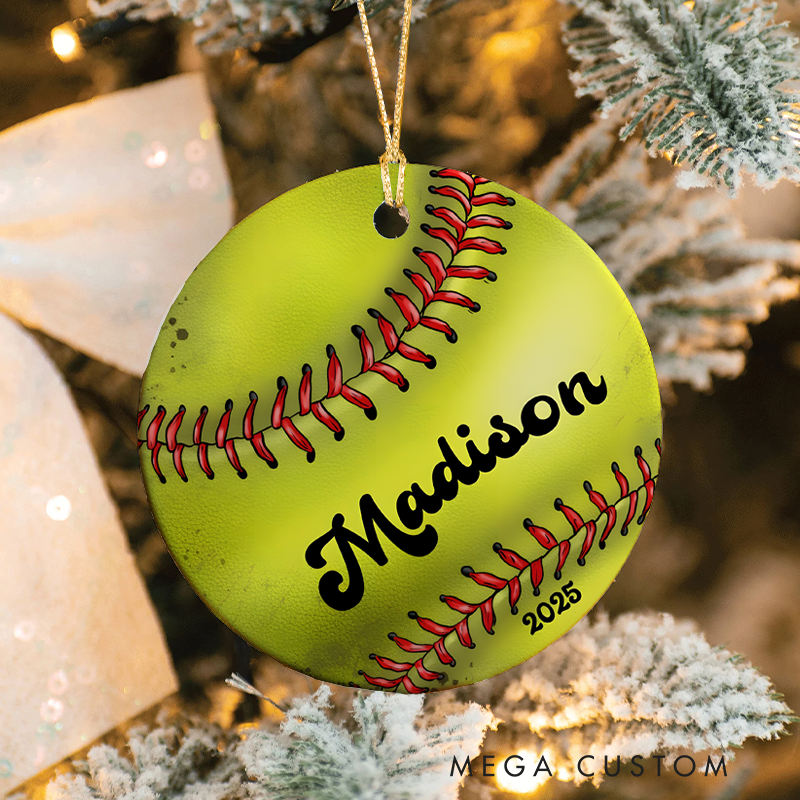 Personalized Softball Christmas Ornament with Custom Name and Year Design