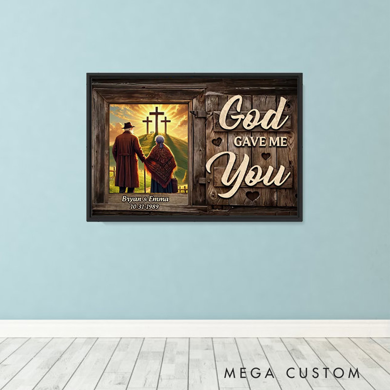 Personalized Cross God Knew My Heart Needed You Old Couple Walking Framed Canvas Painting with Name and Date Wall Decor Anniversary Gift For Couple