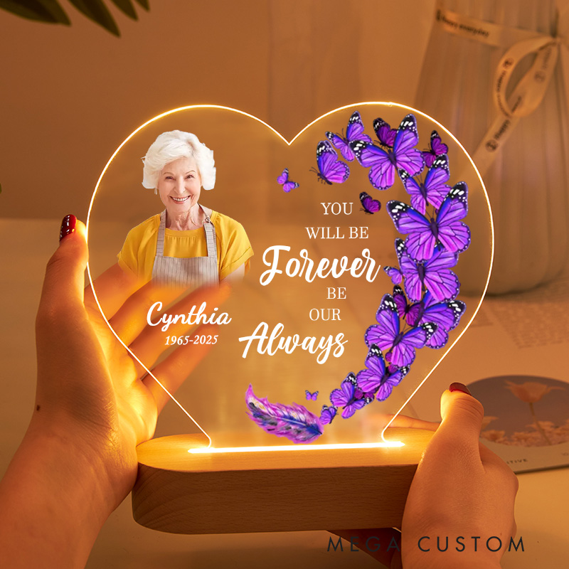 Personalized Heart Shaped LED Memorial Light Custom Photo Name Year Purple Butterflies Feather Memorial Keepsake