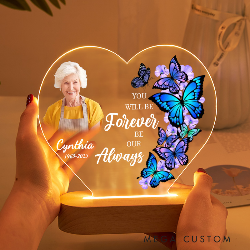Personalized Heart Shaped LED Memorial Light Custom Photo Name Year Colorful Butterflies You Will Be Forever Our Always Keepsake